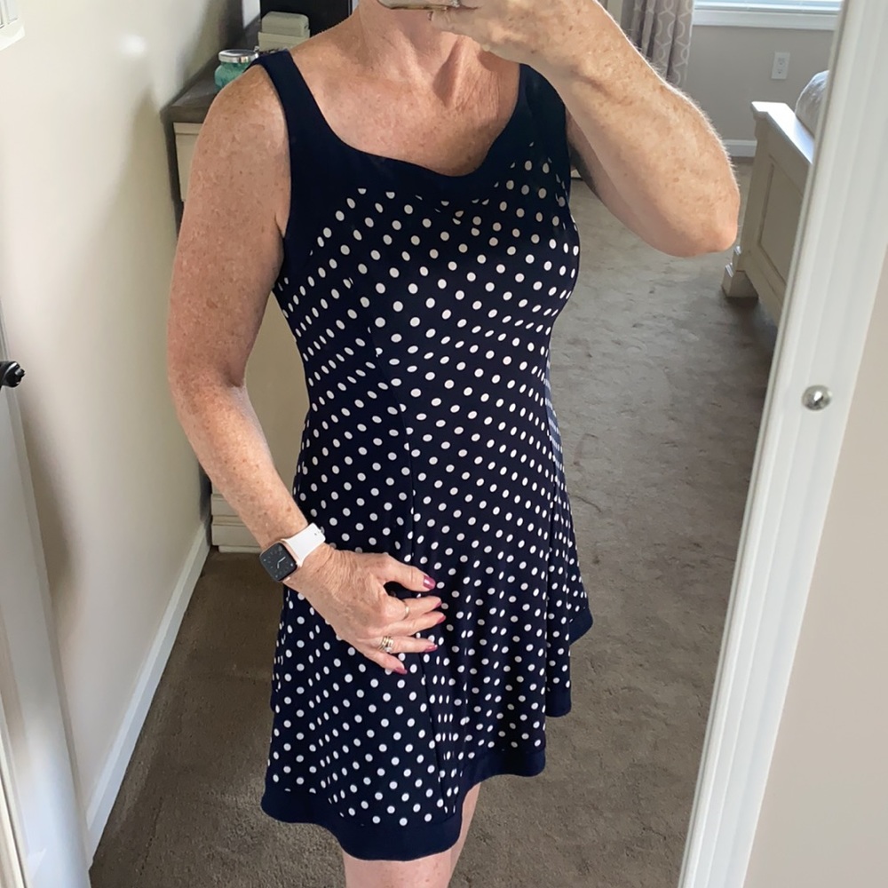 Chaps petite boat neck sleeveless polka dot summer dress - Picture 6 of 11